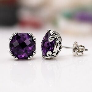 SAMUEL B Faceted Round Cut Amethyst Sterling Silver 925 Stud Earrings